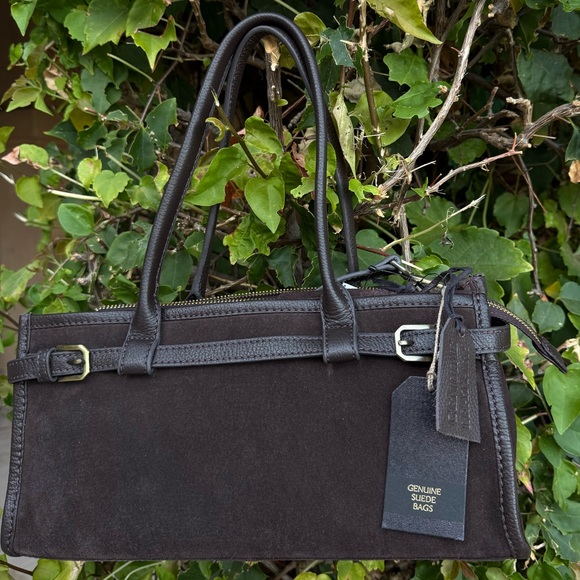 NWT Suede Genuine Leather Chocolate Dark Brown East West Bag Made in India New - Picture 5 of 15